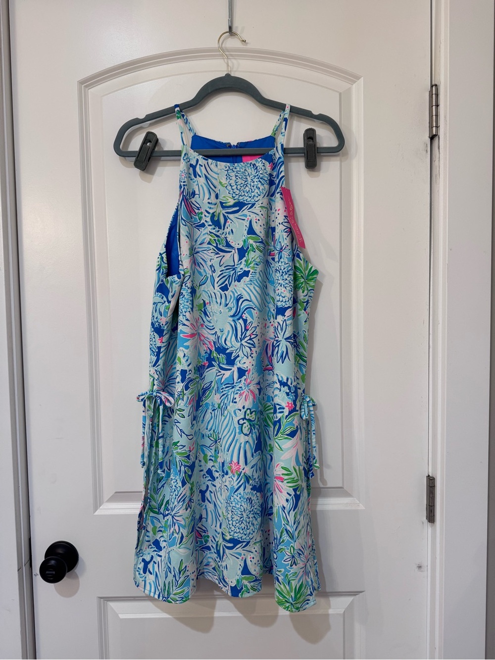 Lilly Pulitzer Light Blue Floral Halter Dress romper with Pink & Green Accents